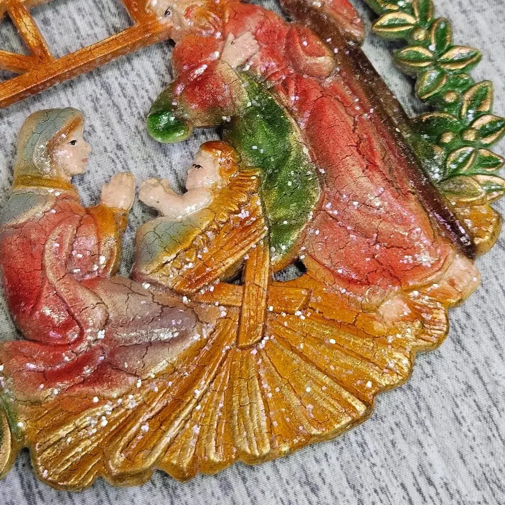 VTG 70s Christmas Tree Ornament Set of 2 Nativity Baby Jesus Mary Joseph Stable